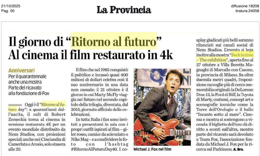 Articolo de La Provincia del 21 ottobre 2025: Il giorno di Ritorno al futuro, al cinema il film restaurato in 4K