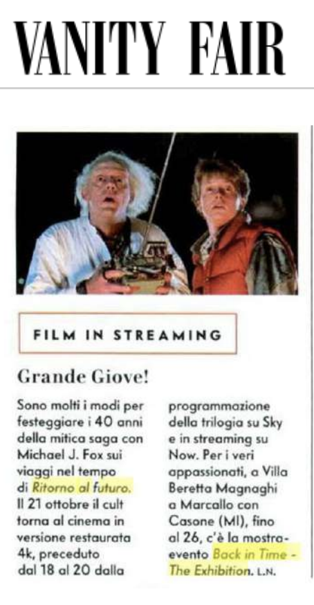 Ritaglio di Vanity Fair dedicato ai 40 anni di Ritorno al Futuro e alla mostra Back In Time — The Exhibition